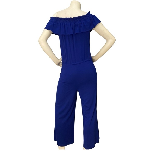 LAUREN RALPH LAUREN Royal Cobalt Blue Off Shoulder Flounce Soft Crop Jumpsuit,XS - Picture 3 of 13
